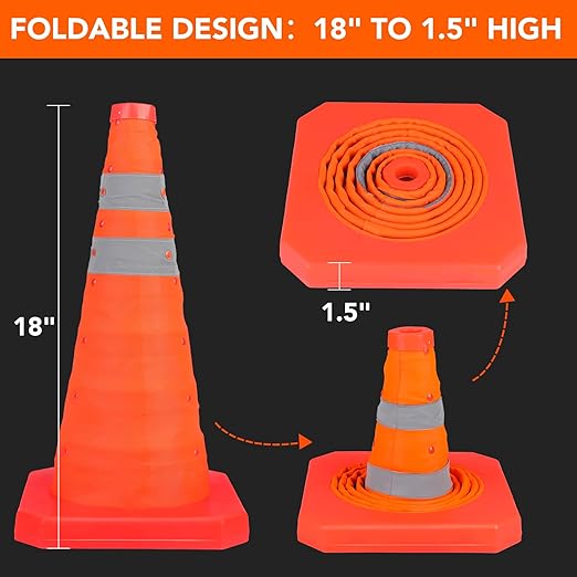 [3 Pack]18 Inch Collapsible Traffic Safety Cones - Parking Cones with Reflective Collars, Orange Safety Cones for Parking lot, Driveway, Driving Training etc