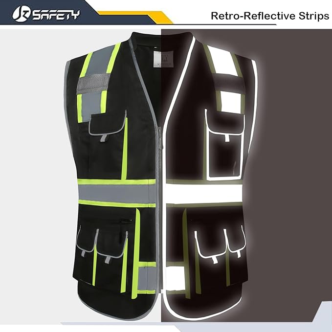 JKSafety 10 Pockets Hi-Vis Zipper Front Black Safety Vest | Cushioned Collar | High Reflective Tapes with Extended Neon Yellow Strips | Meets ANSI/ISEA Standards (4X-Large, 89-Black)