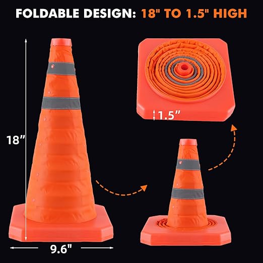 18 Inch 4 Pack Collapsible Traffic Safety Cones, Orange Cones with Reflective Collar, Portable Multipurpose Traffic Cones for Parking Construction Driving Training Sports Practice