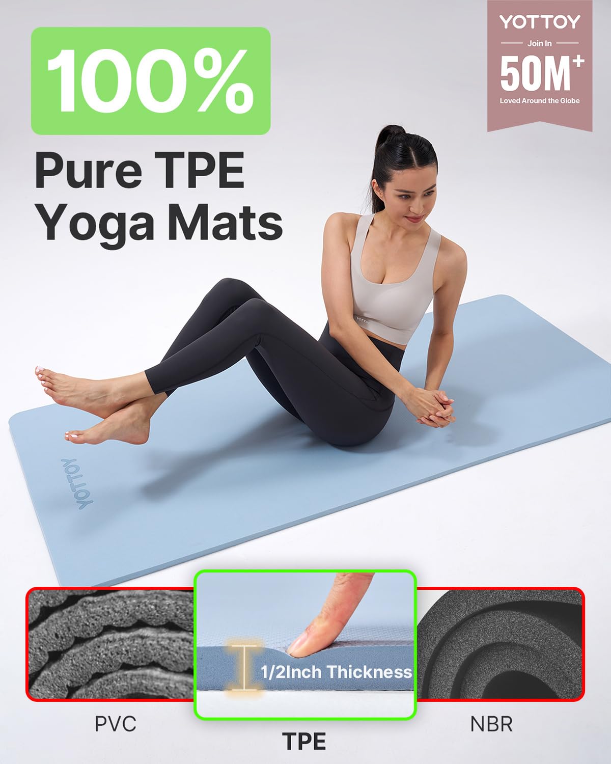 YOTTOY Yoga Mat，Extra Thick Yoga Mat (1/2inch),Professional TPE Exercise Mat,Non-Slip Workout Mat for Yoga, Pilates, Fitness, Barefoot Workouts, Home Gym Studio with Strap