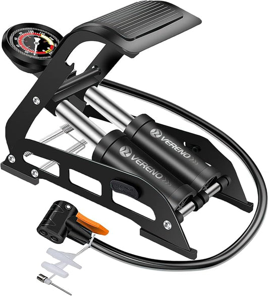 VERENO Double Barrel Bike Floor Foot Pump,Portable Air Pump Inflator Pump with 160PSI Precision Pressure Gauge Fits Presta Schrader and Deutschland Valve for Bicycle,Ball,Scooter,Car,Toys Inflatable