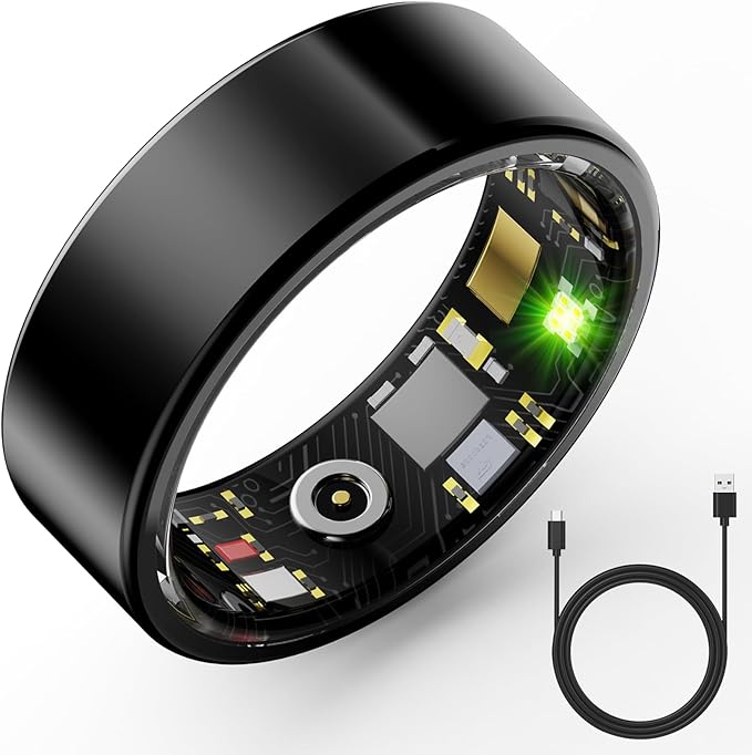 HitTopss Smart Ring, Fitness Tracking Smart Ring with Calories/Heart Rate/Blood Oxygen/Sleep Monitoring, IP68 Waterproof, No APP Subscription (Black, Size 9)