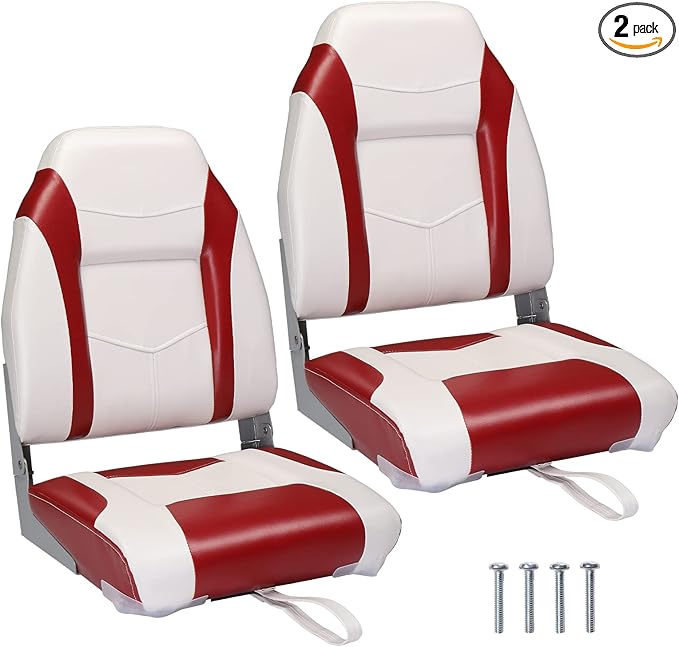 PEXMOR Boat Seats Low/High Back, Folding Boat Seat Included, Fold-Down Fishing Boat Seats Waterproof Captain Boat Seat w/Aluminum Hinges & Thick Soft Cushion, 2 Packs (High Back-Red & White)