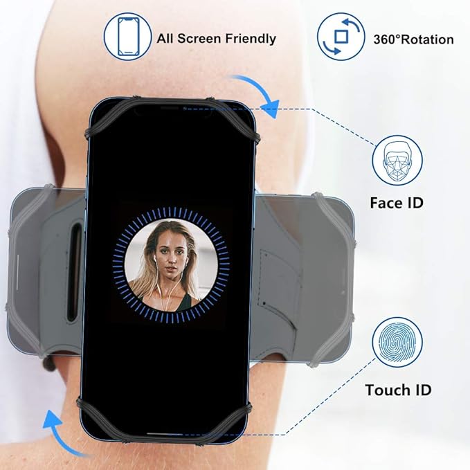 VUP Running Armband 360°Rotatable for iPhone 14/13/Pro Max/Pro/Mini/12/11/SE/Xs/XR/X/8/7/Plus, Fits All 4-6.7 Inch Smartphones, with Key Holder Phone Armband for Running Hiking Biking (Sliver)