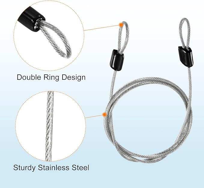 MECCANIXITY Security Steel Cable Lock, Safety Cable Flexible Wire Rope Luggage Lock 3.3feet 2.5mm Vinyl Coated Braided Steel with Double Loop for Bike Bicycle U-Lock Padlock Transparent