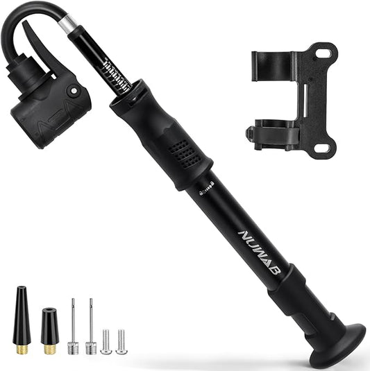 NUWAB Mini Bike Pump, 10 Inch Portable Hand Bicycle Pump, 100PSI, Support Shrader and Presta, Fast Air Out Ball Pump, Work with All Bikes and Balls, Swimming Ring, Come with Ball Needles, Nozzles