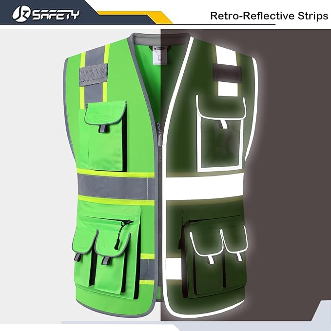 JKSafety 10 Pockets Hi-Vis Zipper Front Fluorescent Green Safety Vest | Cushioned Collar | High Reflective Tapes with Extended Neon Yellow Strips | Meets ANSI/ISEA Standards (5X-Large, 89-Green)