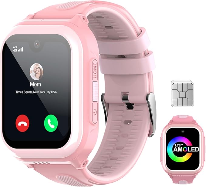 Wonlex 4G GPS Smartwatch for Kids, 1.78" AMOLED Touchscreen Phone Watch with SIM Card, Video Calls, Voice Chat, SOS, Camera, Music, Pedometer, Game, Birthday Gift for Girls Boys Ages 8-15(Pink)