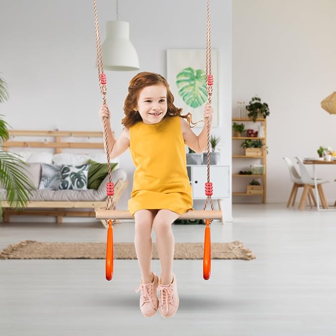 PELLOR Kids Trapeze Bar with Rings,Wooden Trapeze Swing Bar for Ninja Warrior Obstacle Course,Children's Swing Set Indoor Outdoor Garden,Yard,Playground
