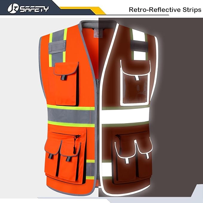JKSafety 10 Pockets Class 2 Hi-Vis Zipper Front Safety Vest | Cushioned Collar | High Reflective Tapes with Extended Neon Yellow Strips | Meets ANSI/ISEA Standards (XX-Large, 89-Orange)