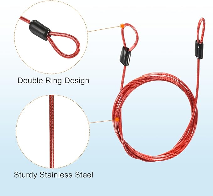 MECCANIXITY Security Steel Cable Lock, Safety Cable Flexible Wire Rope Luggage Lock 5feet 2.5mm Vinyl Coated Braided Steel with Double Loop for Bike Bicycle U-Lock Padlock Red