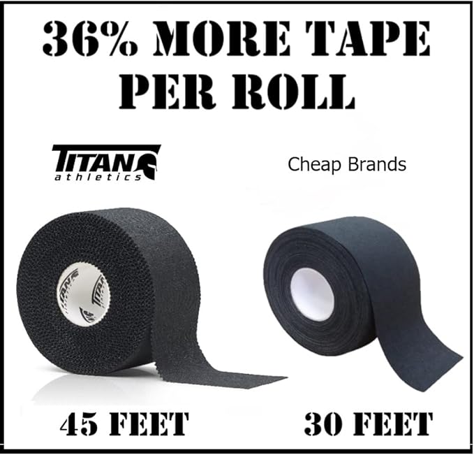 Titan Athletics - Premium Quality Black Athletic Tape/Sports Tape - 1 1/2 Inch x 45 Feet Per Roll - 100 Percent Cotton with Zinc Oxide - Easy Tear Zig Zag Design. (Black, 6 Count (Pack of 1))