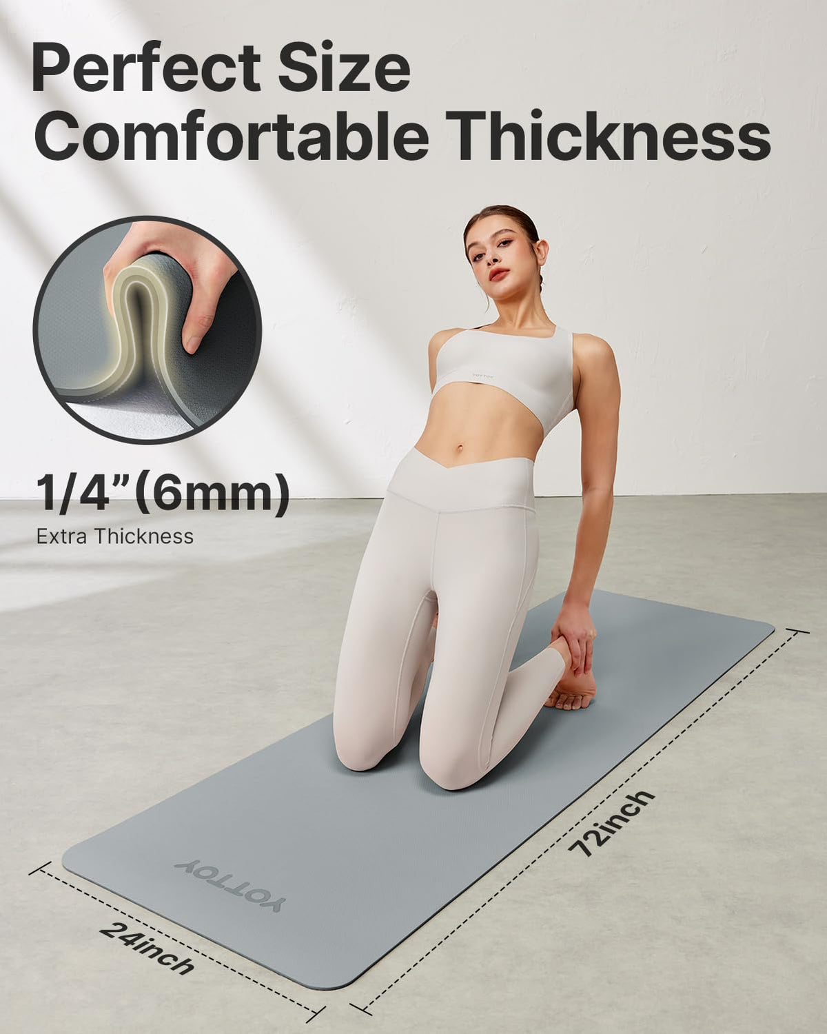 YOTTOY Yoga Mat, Non-Slip TPE Exercise Mat (1/4 Inch) for Pilates, Fitness & Barefoot Workouts, Home Gym Studio with Strap & Bag (Grey, 24 * 0.24 Inches)