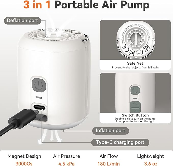Sportneer Mini Air Pump: 1600mAh Rechargeable Air Pump for Inflatables with Hook, Magnetic and Light Function, Air Mattress Pump for Pool Floats, Sleeping Pads, Swimming Ring, Vacuum Storage Bags