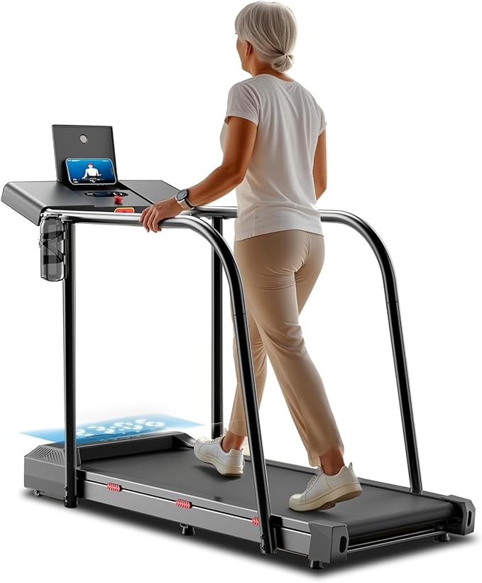 Yesoul Walking Treadmill for Seniors with Long Handrails – 4 Major Safety Protections, Emergency Stop Button, Treadmill for Home 300 lbs Capacity, Recovery Walking Machine with LED Display