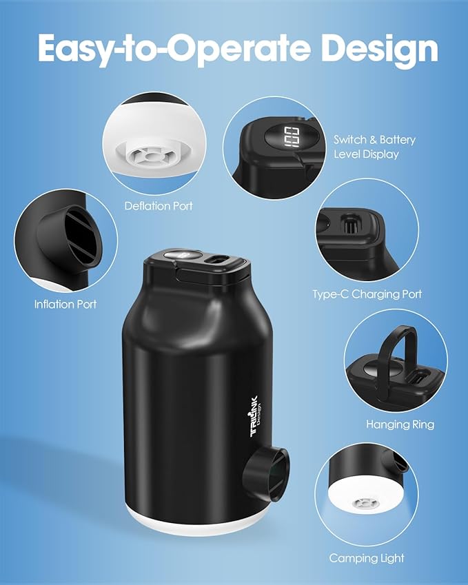 Mini Portable Air Pump for Inflatables - Compact, Rechargeable, Fast Inflation & Deflation with 5 Nozzles, LED Light, Auto Shut-Off for Air Mattresses, Air Pillows, Swimming Rings