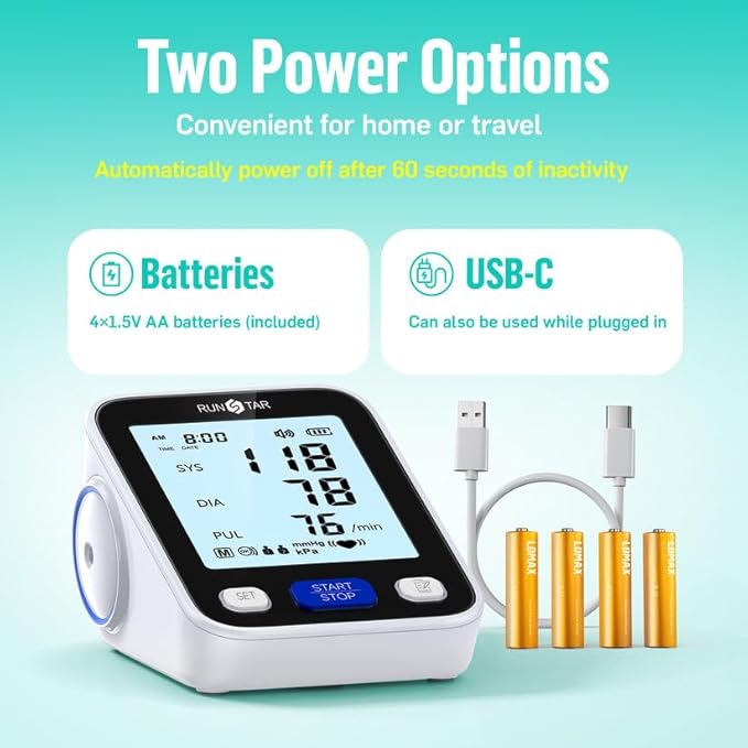 RunStar Upper Arm Blood Pressure Monitor with Wide Range Cuff (8.6'' -16.5'') for Home Use FSA&HSA Eligible, Automatic Digital BP Machine with Storage Bag, 2x99 Reading Memory