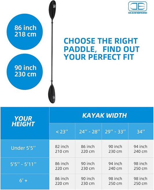 OCEANBROAD Carbon Fiber Kayak Paddle 90.5in/230cm, 86in/218cm for Adults Kayaking Boating Canoeing Oar with Paddle Leash