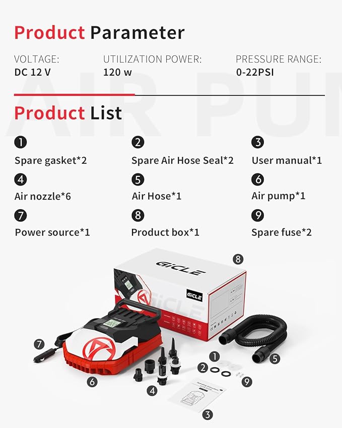 Paddle Board Pump with 12V DC Car Connector, 22PSI High Pressure Electric SUP Pump for Inflatables, Inflator and Deflator for Portable Boat, Kayak Accessories for Water Sports