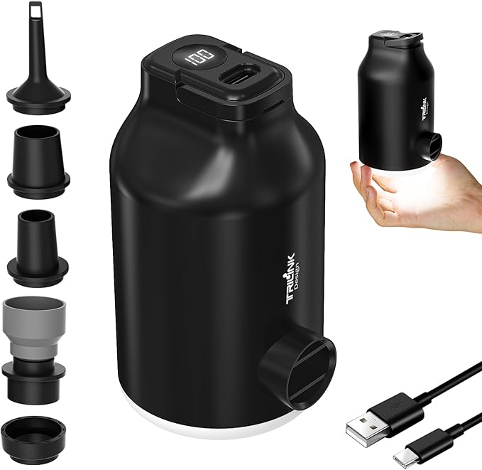 Mini Portable Air Pump for Inflatables - Compact, Rechargeable, Fast Inflation & Deflation with 5 Nozzles, LED Light, Auto Shut-Off for Air Mattresses, Air Pillows, Swimming Rings