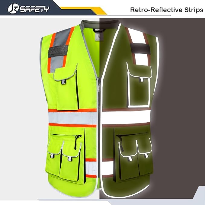 JKSafety 10 Pockets Class 2 Hi-Vis Zipper Front Safety Vest | Cushioned Collar | High Reflective Tapes with Extended Neon Orange Strips | Meets ANSI/ISEA Standards (3X-Large, 89-Yellow)