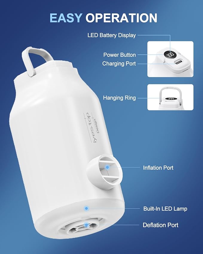 Portable Air Pump with Battery for Inflatables, 5 Nozzles, 350L/min Wind Speed & Camping Light – Quick Inflation & Deflation Mini Electric Air Pump for Air Mattresses, Air Bed, Swim Rings, Pool Floats