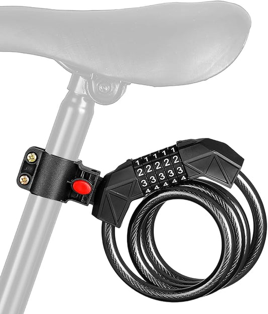 Bike Lock with Mounting Bracket, 4-Feet Bike Cable Basic Self Coiling 5-Digit Resettable Combination Cable Bike Locks, for Bicycle, Motorcycle, Scooter (Black)