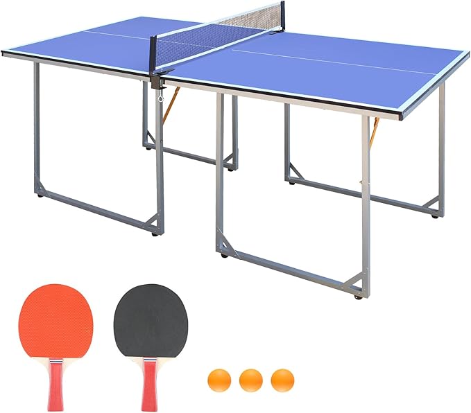 4FT/6FT/8FT/9FT Folding Rolling Table Tennis Table Regulation Ping Pong Table with 2 Paddles 3 Balls 1 Net and Post Set Fold-Up Design 4 Wheels for Easy Movement