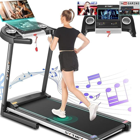 SYTIRY Treadmills for Home with TV Screen and WiFi,Smart Foldable Treadmill Machine,3D Virtual Sports Scene,HiFi Speakers,Popular APP for Social Networking,Video,and Search,Walking Treadmill