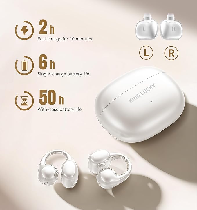 King Lucky Clip on Earbuds Open Ear Wireless Bluetooth 5.4 Headphones with Mic,50H Play,Noise Cancelling,Waterproof,Sports Ear Buds,Comfortable for Small Ears & Glasses Wearers,Workouts (Pearl White)