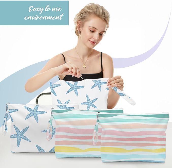 Fokongna 4PCS Wet Dry Bag Waves Rainbow Wet Bag Beach Bags for Swimsuit Toiletry Bags Travel Essentials For Women, Beach Travel Gym for Swimsuit Dirty Diaper Gifts