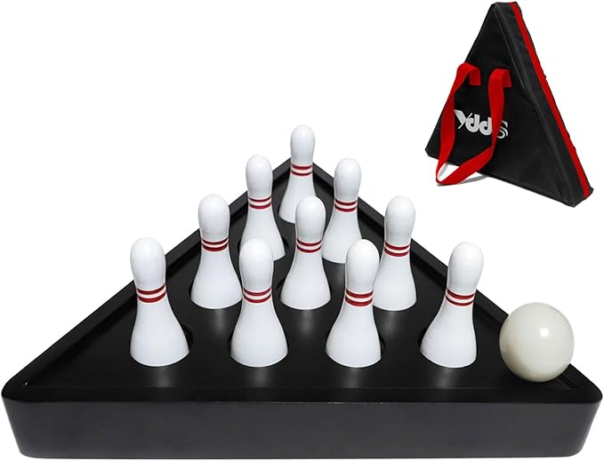 Shuffleboard Bowling Pin Set with 10 Pcs Premium Hardwood Bowling Pins Durabel Triangular Pinsetter Resin Bowling Ball and Carrying Bag, Fun for Shuffleboard Games