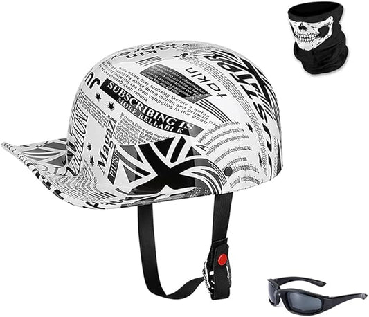 Vintage Open Face Motorcycle Helmet Retro Baseball Cap Half Helmets Men Women for Cruiser Street Scooter Moped Cap Jet with Mask Glasses - DOT Certified