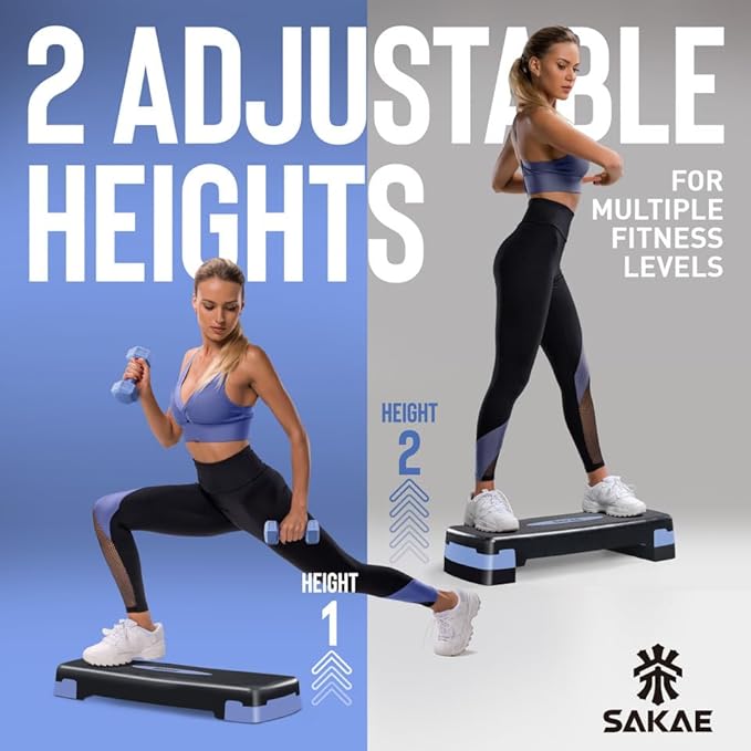 SAKAE Adjustable Aerobic Stepper Kit with Dumbbells & Kettlebell & Weightlifting Belt & Measuring Tape, 2 Level Risers Exercise Step Platform for Home Gym Exercise Fitness Workout, Multiple Colors