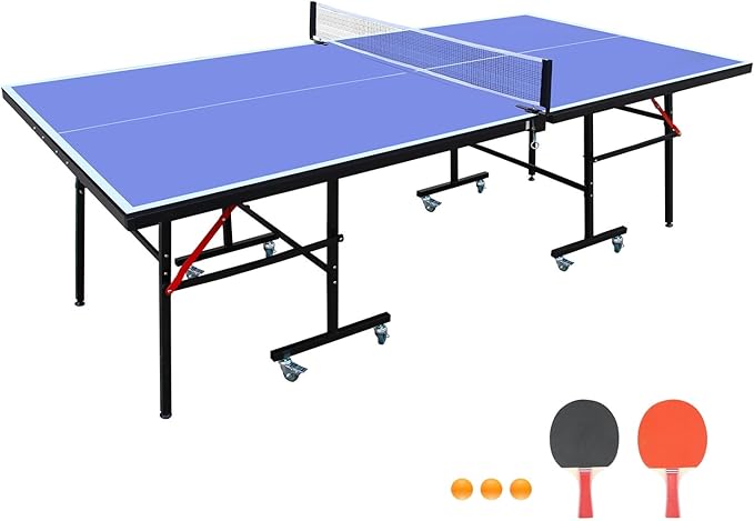 Professional Table Tennis Table, Foldable Ping Pong Game Set for Indoor, 8FT 9FT Single Player Playback Mode Ping Pong Table with Net and Post Set, 2 Paddles and 3 Balls