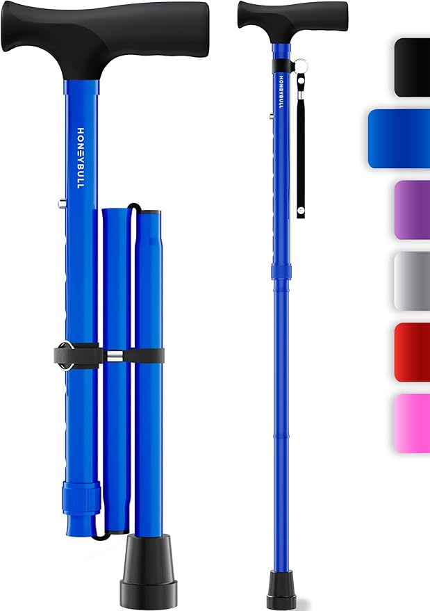 HONEYBULL Foldable Walking Cane for Seniors & Adults – Adjustable 8 Height Settings 30-37", Lightweight Collapsible Cane with Air Cushion Tip, Ergonomic Comfort Grip & Wrist Strap