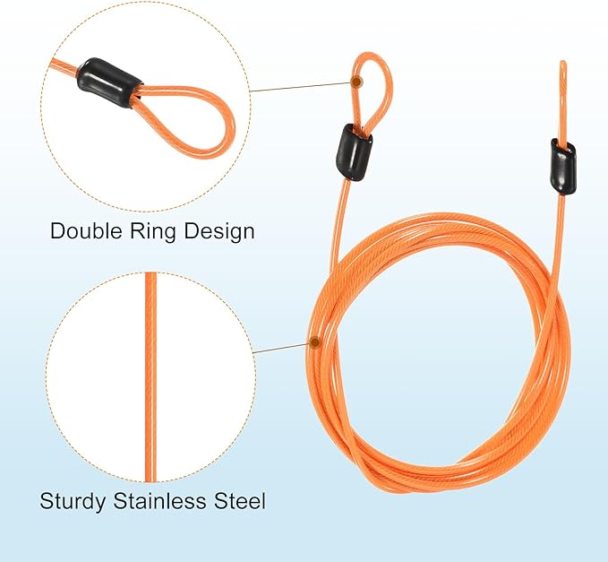 MECCANIXITY Security Steel Cable Lock, Safety Cable Flexible Wire Rope Luggage Lock 6.5feet 2.5mm Vinyl Coated Braided Steel with Double Loop for Bike Bicycle U-Lock Padlock Orange