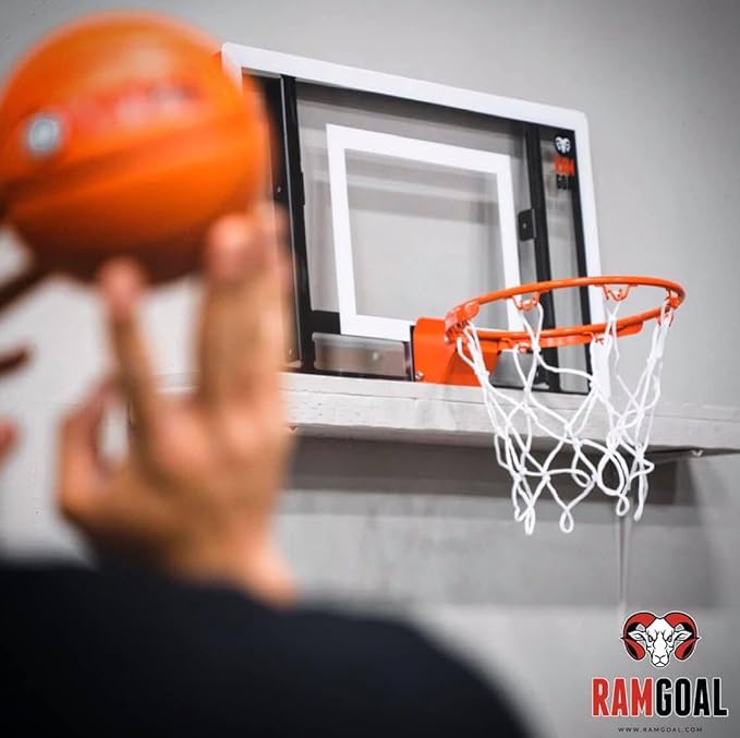 RAMGOAL Wall Mounted Indoor Adjustable Mini Basketball Hoop with Ball | 24" Shatter Resistant Backboard with Professional Grade Breakaway Rim and Steel Reinforced Wall Mount Built for Slam Dunks