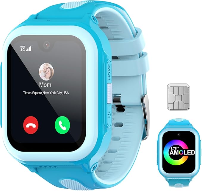 Wonlex 4G GPS Smartwatch for Kids, 1.78" AMOLED Touchscreen Large Phone Watch with SIM Card, Video Calls, Voice Chat, SOS, Camera, Music, Pedometer, Game, Birthday Gift for Girls Boys Ages 8-15(Blue)