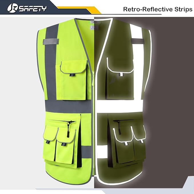 JKSafety 10 Pockets Class 2 High Visibility Zipper Front Safety Vest Yellow with High Reflective Strips Meets ANSI/ISEA Standards (88-Yellow, Medium)