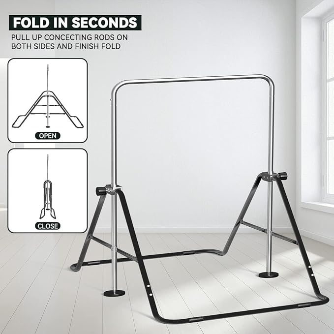 FBSPORT Gymnastics Bar for Kids, Adjustable Height Gymnastic Horizontal Bars,Junior Training Bar Children Folding Training Monkey Bars for Home Using