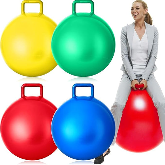 Lewtemi 4 Pcs 31 Inch Hopper Ball Carnival Outdoor Games Jumping Hopping Inflatable Bouncing Ball with Handle and Air Pump for Kids Adult Sport Exercise