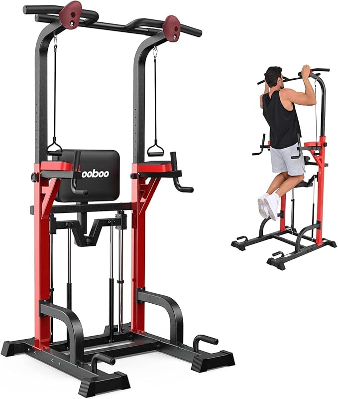 Pooboo Power Tower Dip Station Pull Up Bar for Fitness Home Gym Workout,Multi-Function Adjustable Height Fitness Strength Training Exercise Equipment,with Power Elastic Ropes