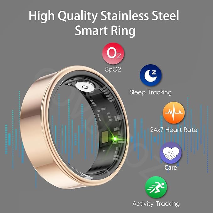 Smart Ring Health Tracker, Fitness Sleep and Heart Rate Monitor Smart Ring, Waterproof Bluetooth Fitness Tracker Ring IPX68 Waterproof (Rose Gold, 8)