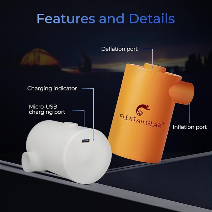 FLEXTAILGEAR MAX Pump Portable Air Pump with 3600mAH Battery USB Rechargeable Air Pump-Quick Inflate Deflate for Sleeping Pads, Air Mattress, Pool Toys, Floats, Swimming Ring, Air Bed (Orange)