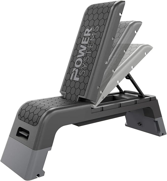 Power Systems Step Bench & Weight Bench | Aerobic Platform & Plyo Box for Cardio, Strength | Commercial Grade Full Body Home Gym Stepper | Adjustable Multifunctional Deck & Resistance Band Clips