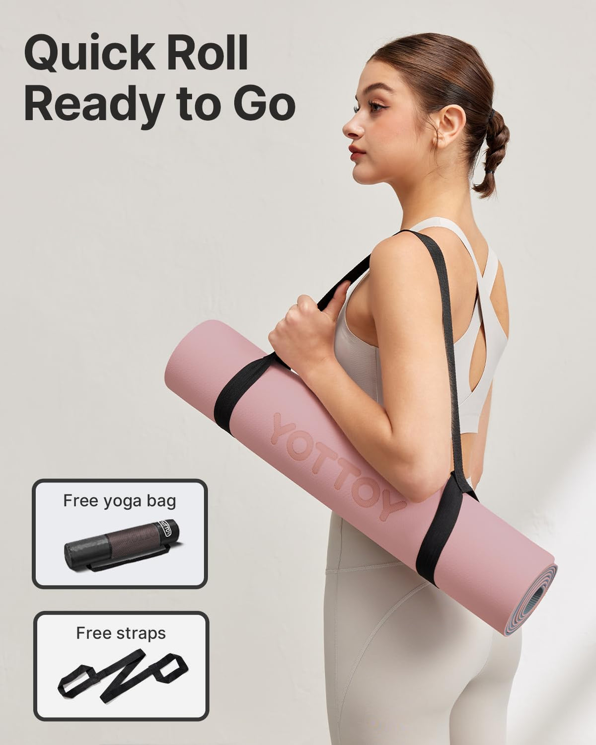 YOTTOY Yoga Mat, Non-Slip TPE Exercise Mat (1/4 Inch) for Pilates, Fitness & Barefoot Workouts, Home Gym Studio with Strap & Bag (Rose, 24 * 0.24 Inches)