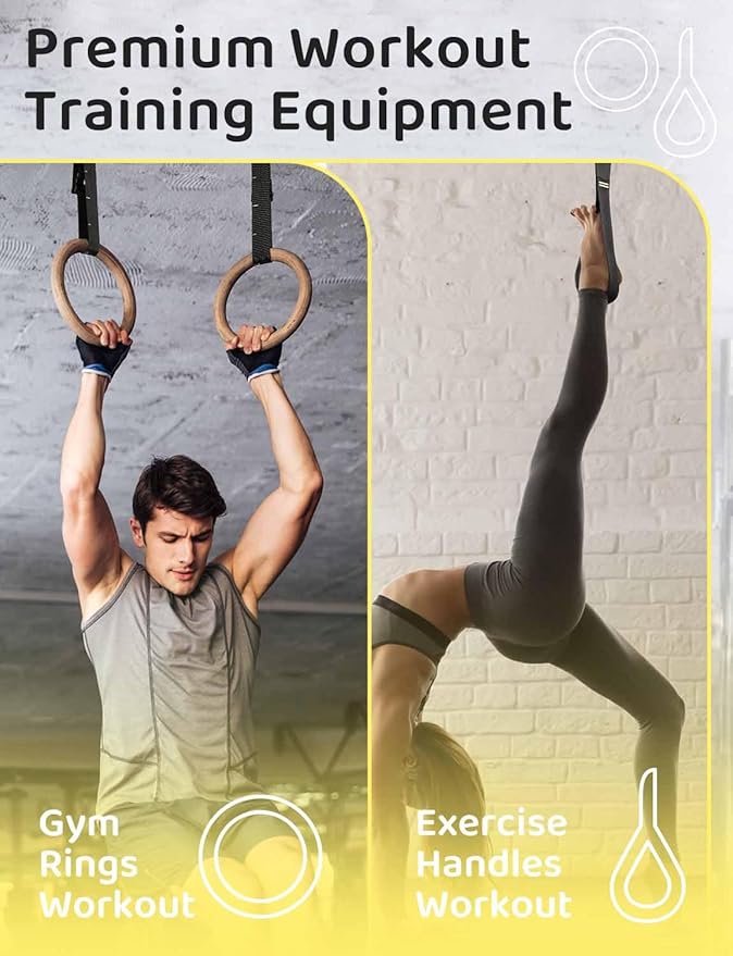 GHB Gymnastic Rings Wooden Gym Rings 1.25" Olympic Rings Adjustable Straps Pull Up Rings Sets for Workout Bodyweight Fitness Training