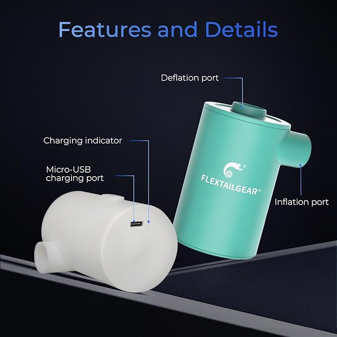 FLEXTAILGEAR MAX Pump Portable Air Pump with 3600mAH Battery USB Rechargeable Air Pump-Quick Inflate Deflate for Sleeping Pads, Air Mattress, Pool Toys, Floats, Swimming Ring, Air Bed (Green)