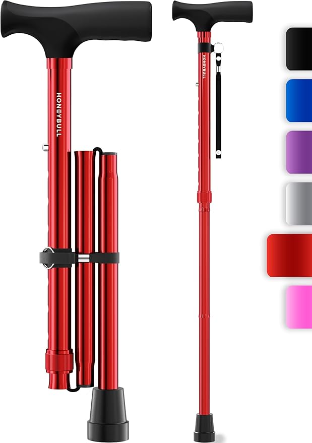 HONEYBULL Foldable Walking Cane for Seniors & Adults – Adjustable 8 Height Settings 30-37", Lightweight Collapsible Cane with Air Cushion Tip, Ergonomic Comfort Grip & Wrist Strap